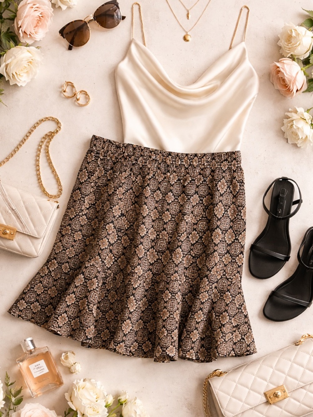 Chaus Black and Brown Floral-Tile Mini Skirt size 16